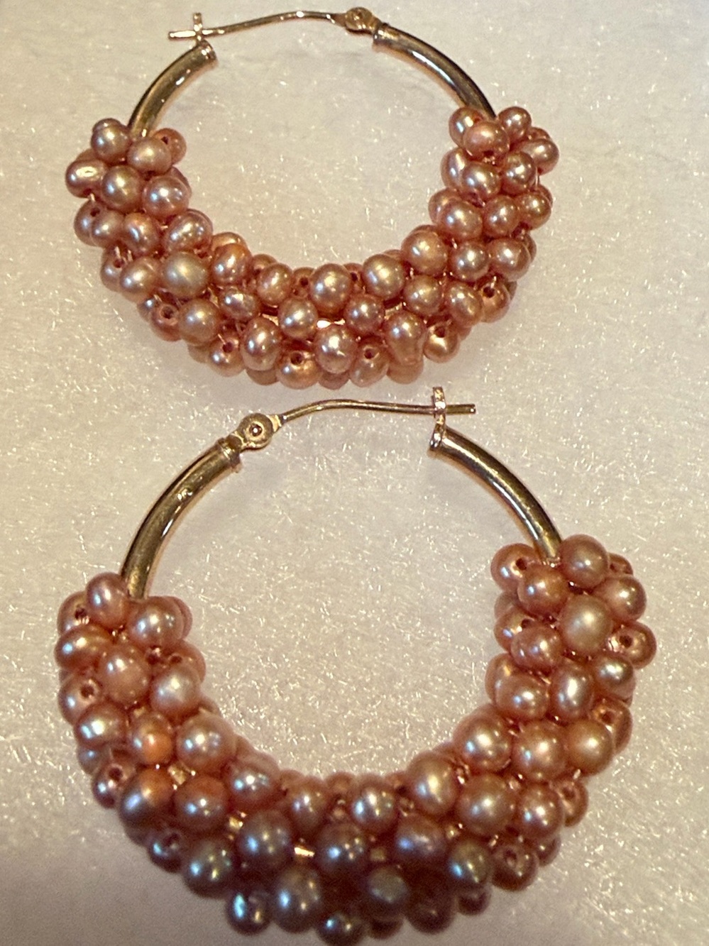 Vtg. 14k Solid Gold Hoops With Handwoven Freshwater Pearl Clusters 6.2g tw